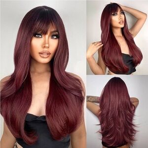 E4- Long red wine burgundy wig with side bangs cosplay everyday wear